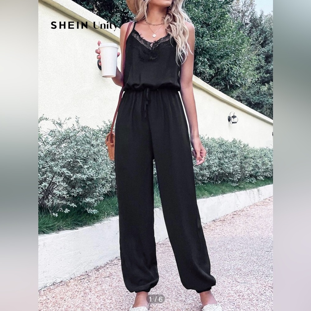 Bohemian Black Eyelash Lace Cami Jumpsuit Womens Size Small